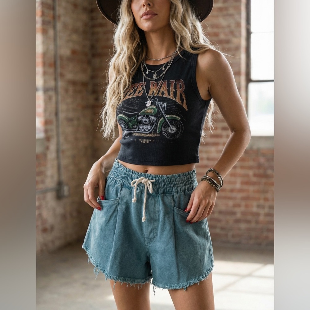 NWT Washed Teal Rope Drawstring Pocket Cutoff Shorts - Picture 6 of 9